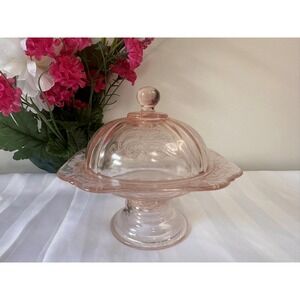 Vintage Indiana Glass Recollection Covered Candy‎ Dish Pedestal Bowl Pink Glass